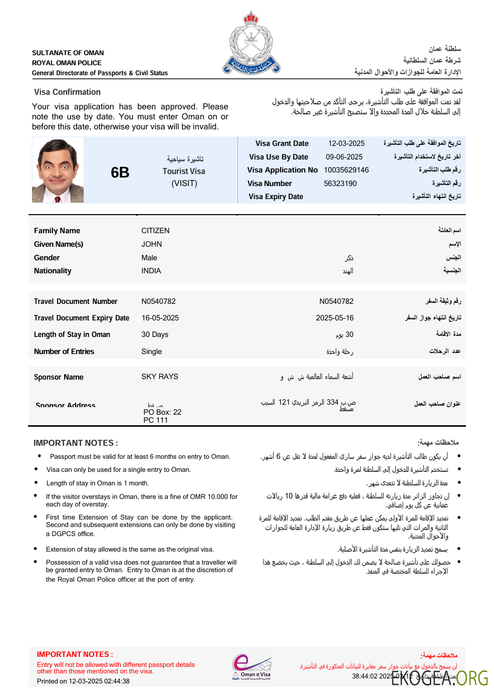 Modèle de visa électronique pour Oman aux formats Word et PDF, version 2